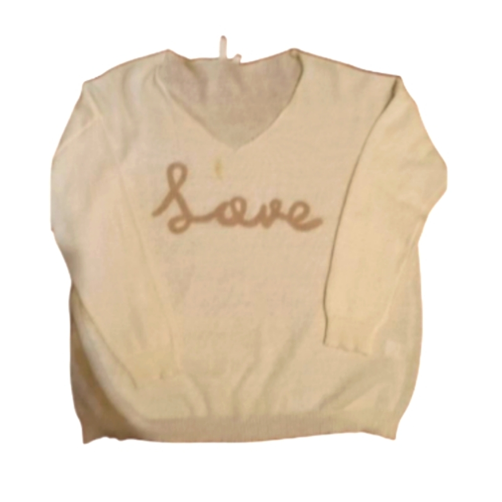 Elan Cream Lightweight V Neck Long Sleeve Sweater with Tan Script Says Love